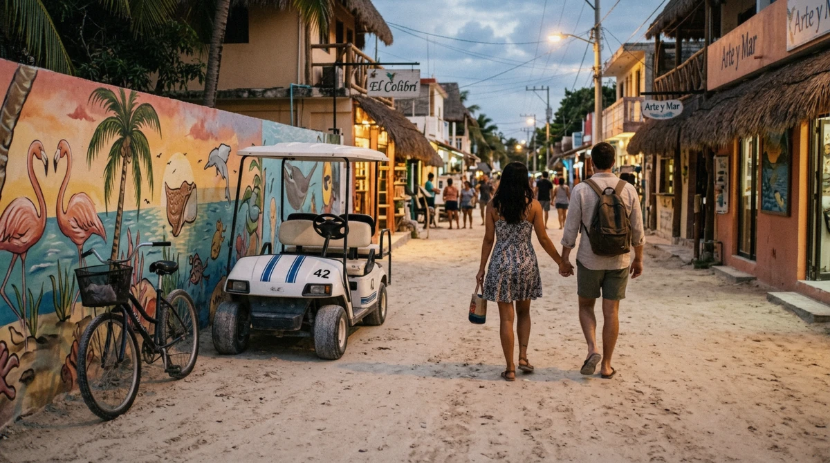 A sandy street in Holbox town at evening with murals, a bicycle and a parked golf cart