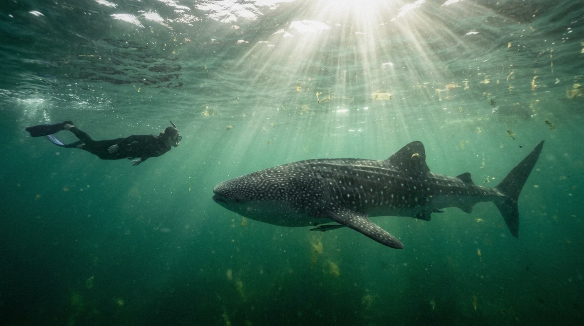A whale shark under rays of sunlight in green water, a snorkeler in fins keeping its distance