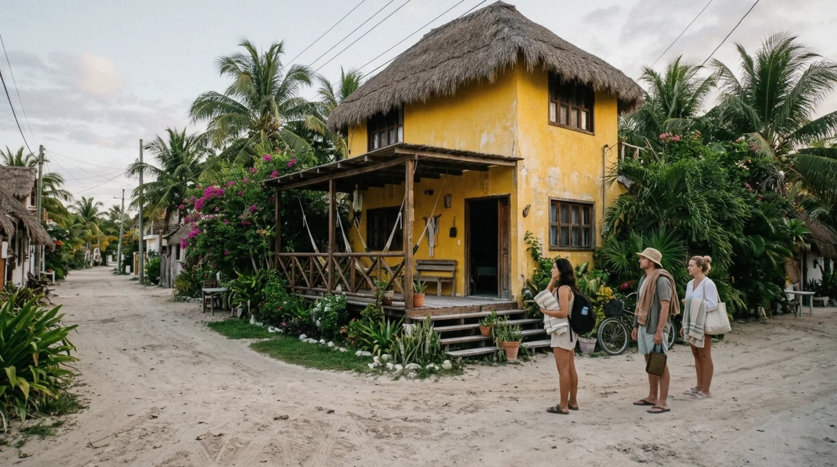 A yellow house with a large garden on a sandy street, travelers with towels waiting outside