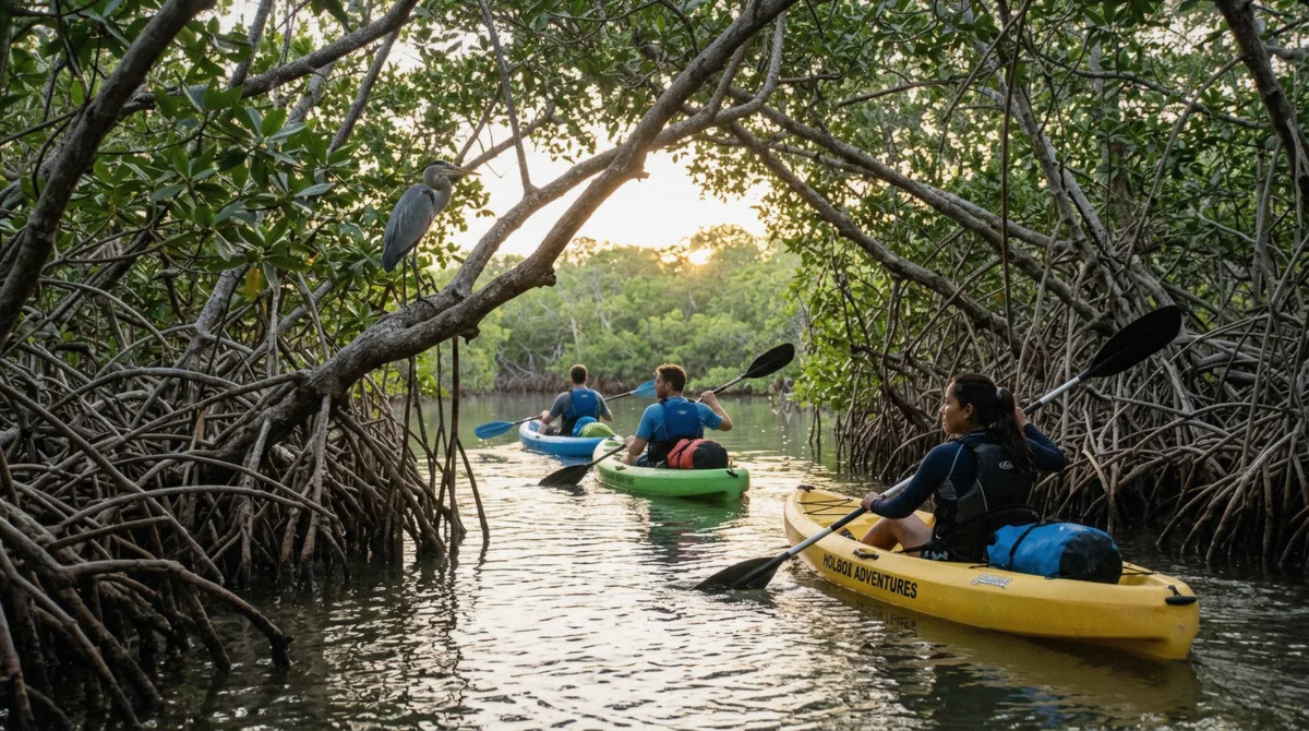 A guide and two travelers paddling kayaks through a narrow mangrove channel at sunrise