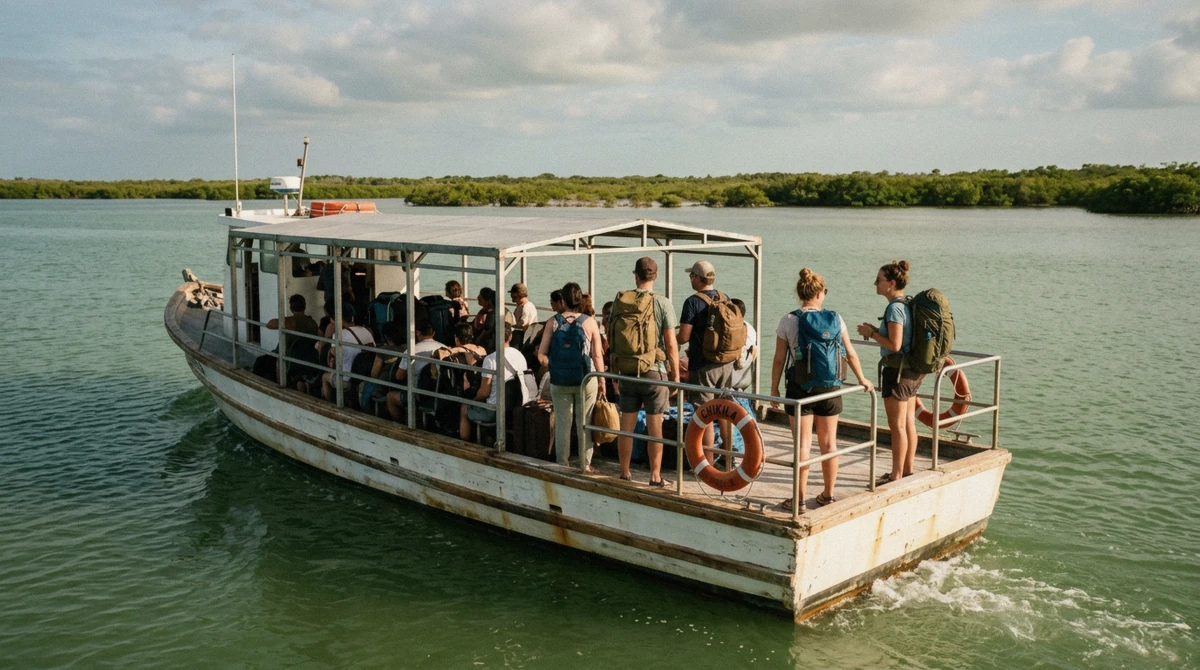 A passenger ferry with a covered deck crossing calm green water, travelers on the stern