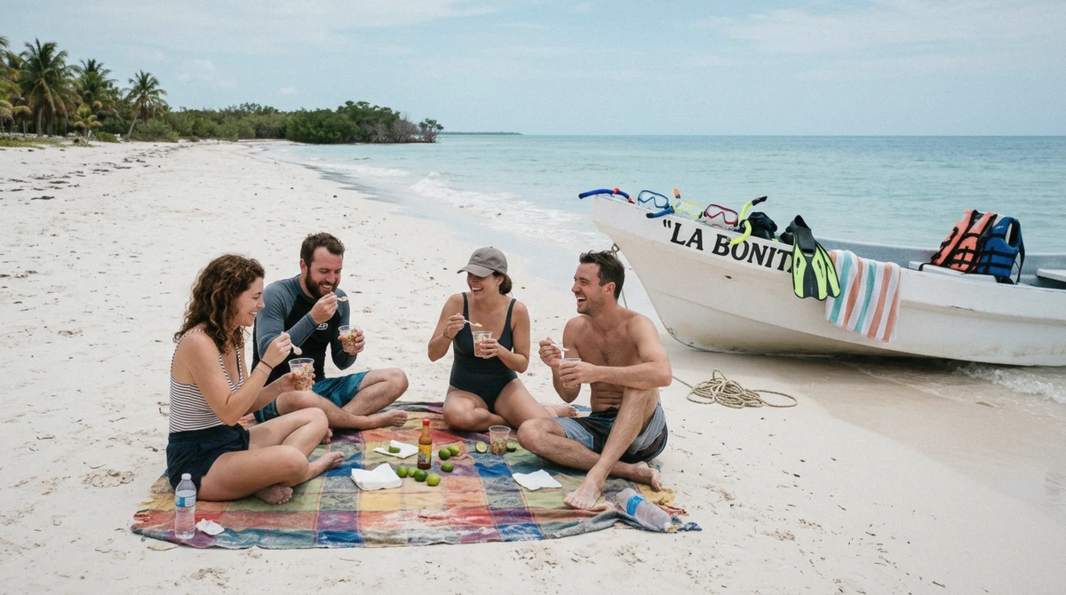 A small group eating ceviche on a quiet beach beside a pulled-up boat